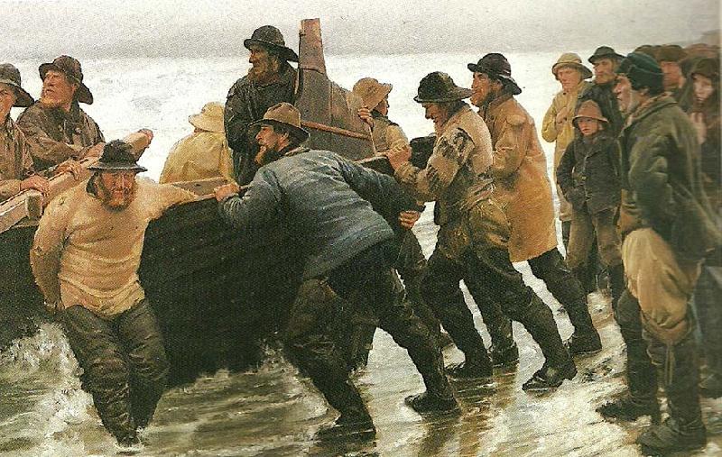 fiskere ifard med at satte en rorsbad i vandet, Michael Ancher